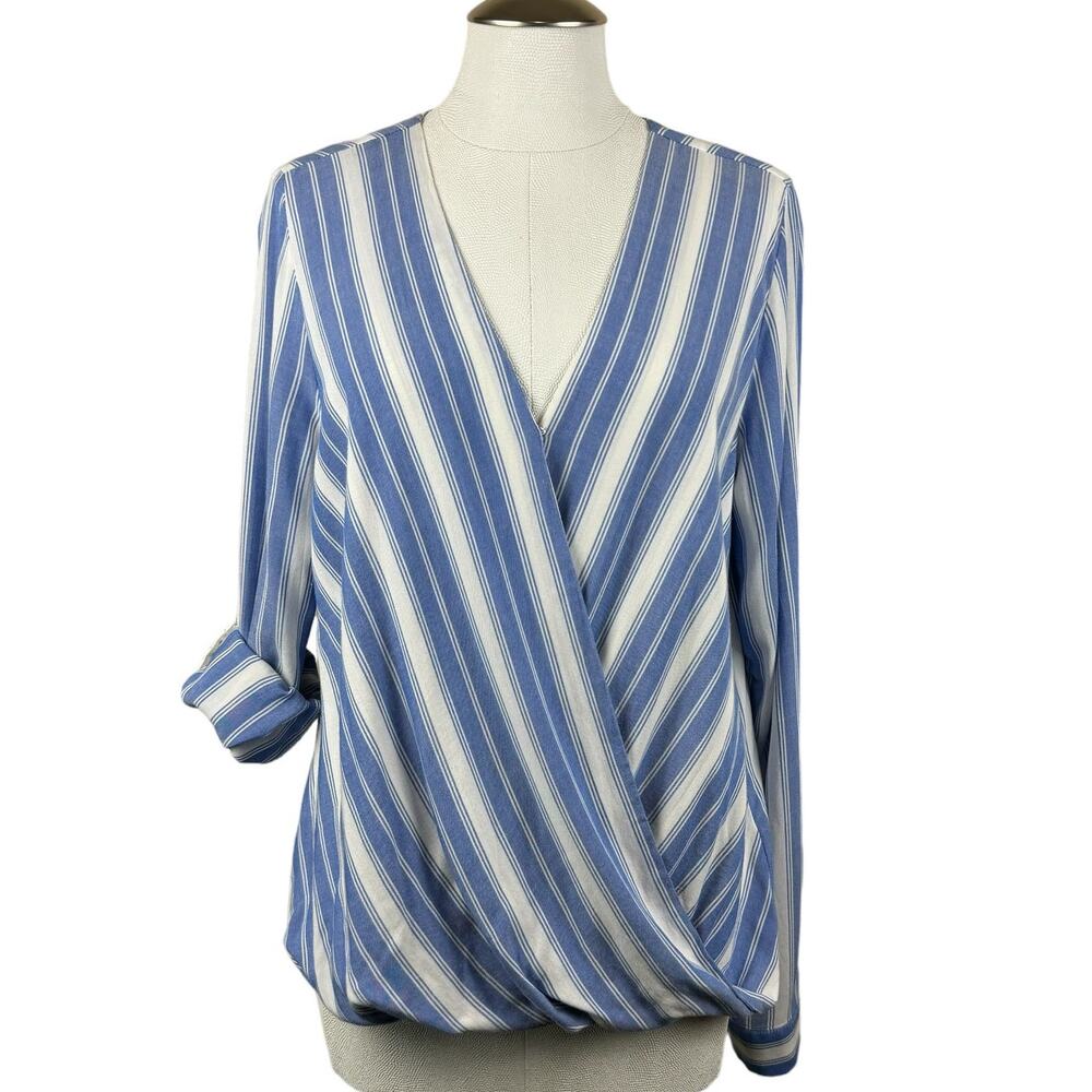 KUT from the Kloth Blue White Striped Surplice Wrap Long Sleeve Blouse Top‎ M